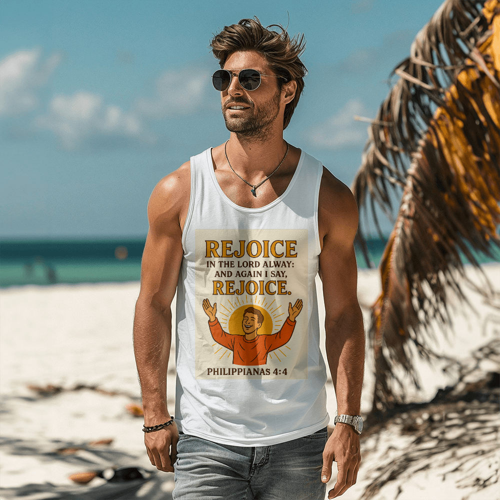Faith-Based Summer Tank – Rejoice in the Lord – Bible Verse Spiritual Shirt