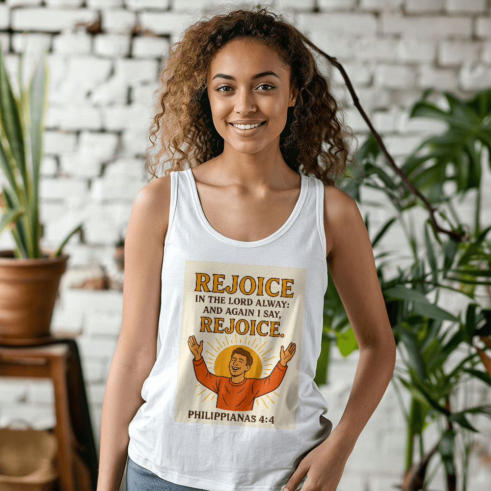 Faith-Based Summer Tank – Rejoice in the Lord – Bible Verse Spiritual Shirt