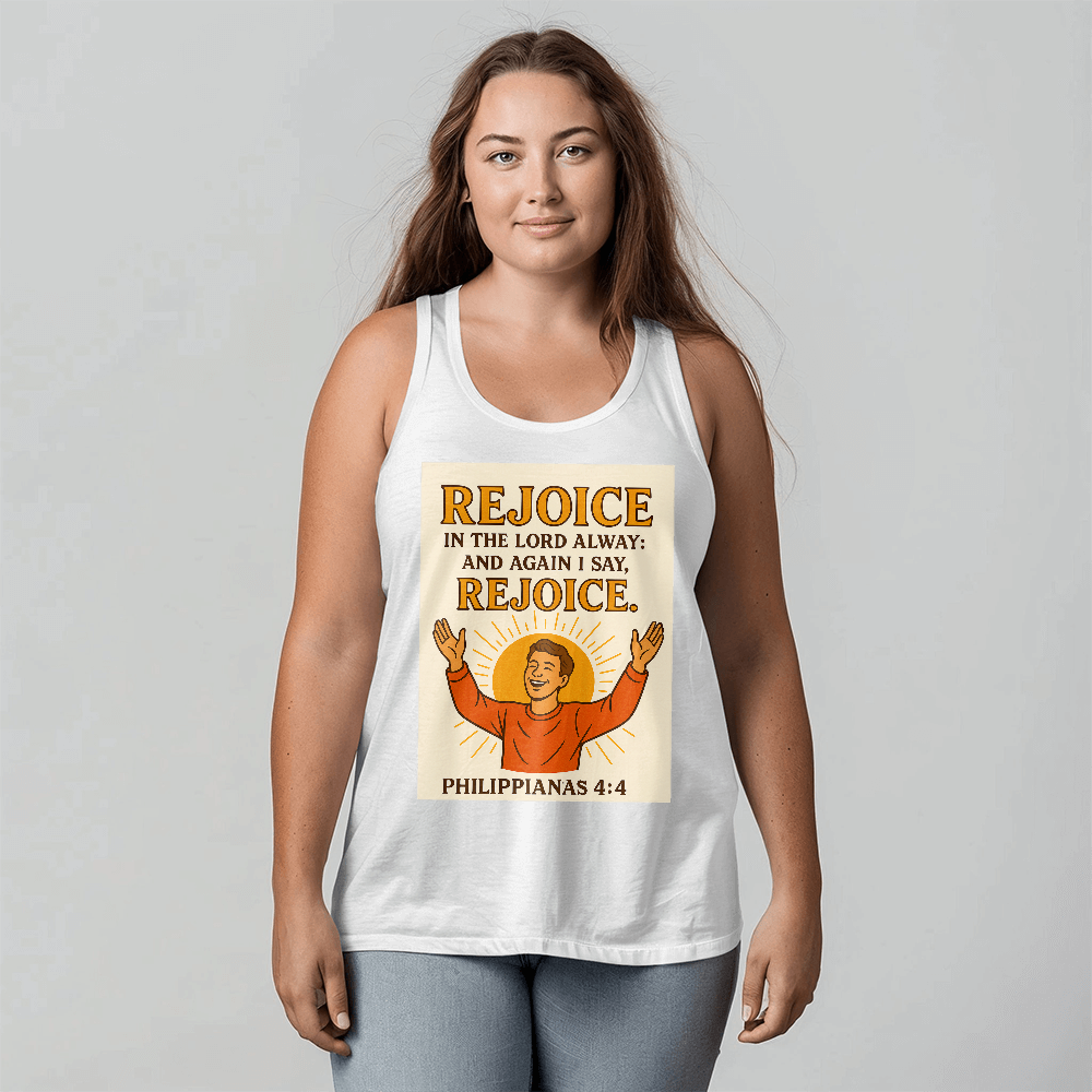 Faith-Based Summer Tank – Rejoice in the Lord – Bible Verse Spiritual Shirt