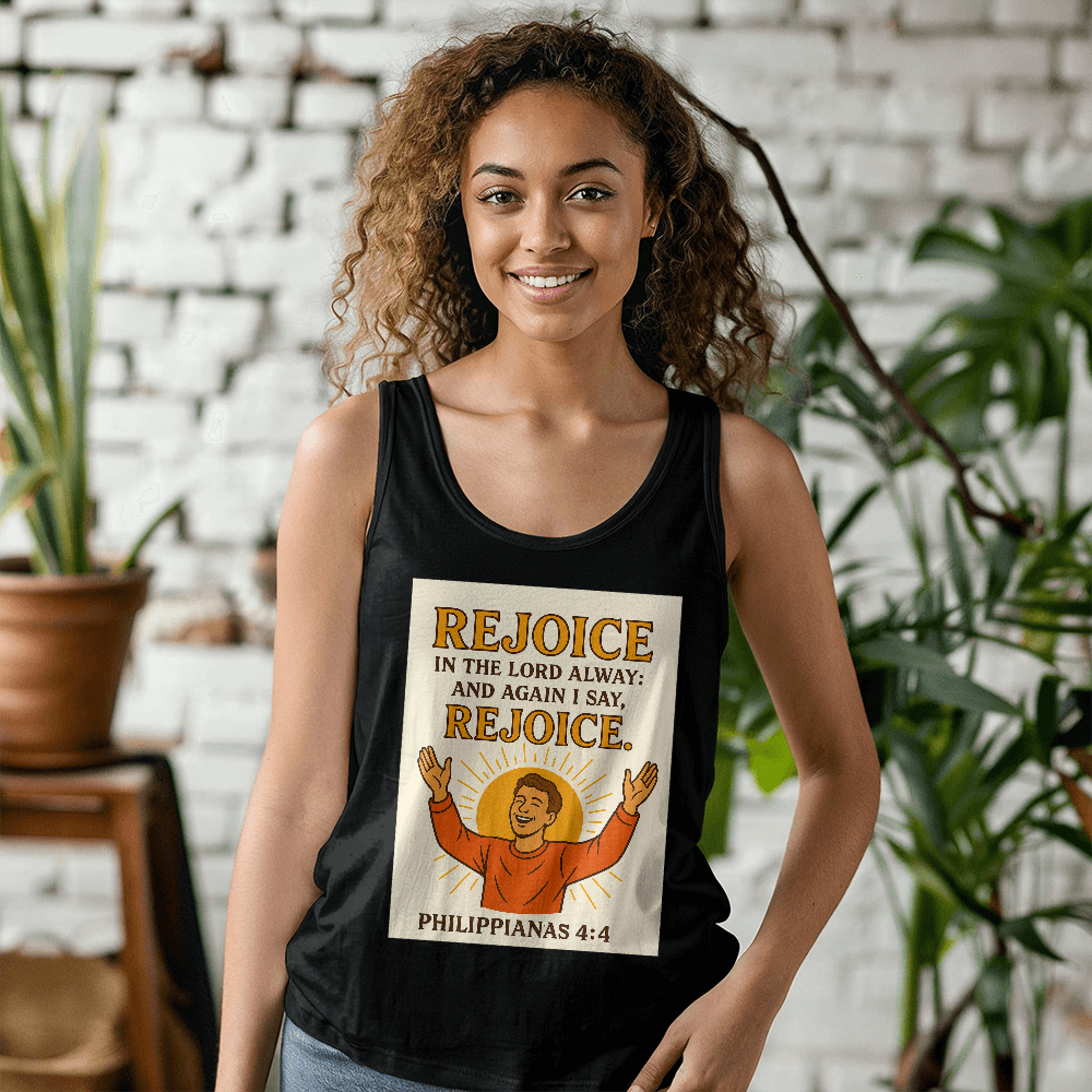 Faith-Based Summer Tank – Rejoice in the Lord – Bible Verse Spiritual Shirt