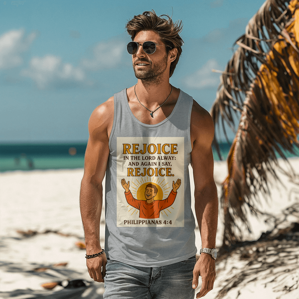 Faith-Based Summer Tank – Rejoice in the Lord – Bible Verse Spiritual Shirt