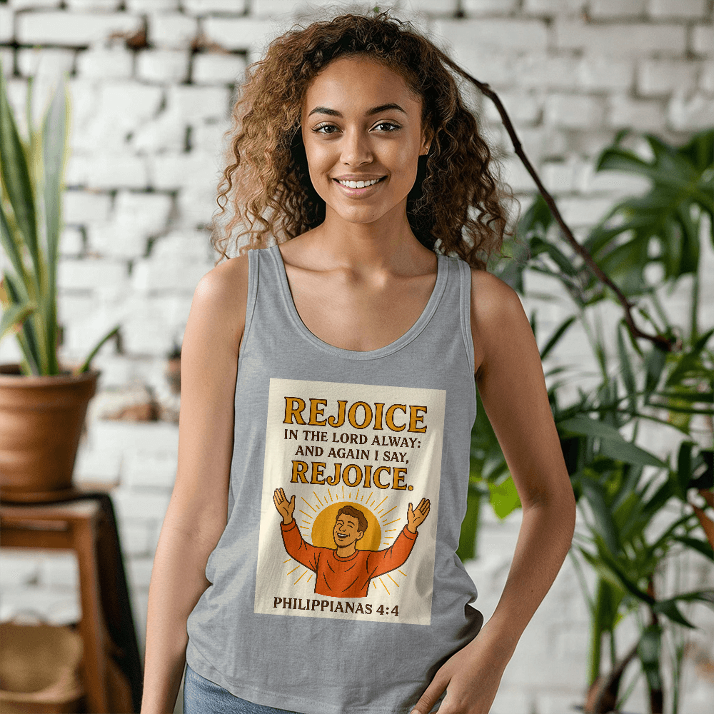 Faith-Based Summer Tank – Rejoice in the Lord – Bible Verse Spiritual Shirt
