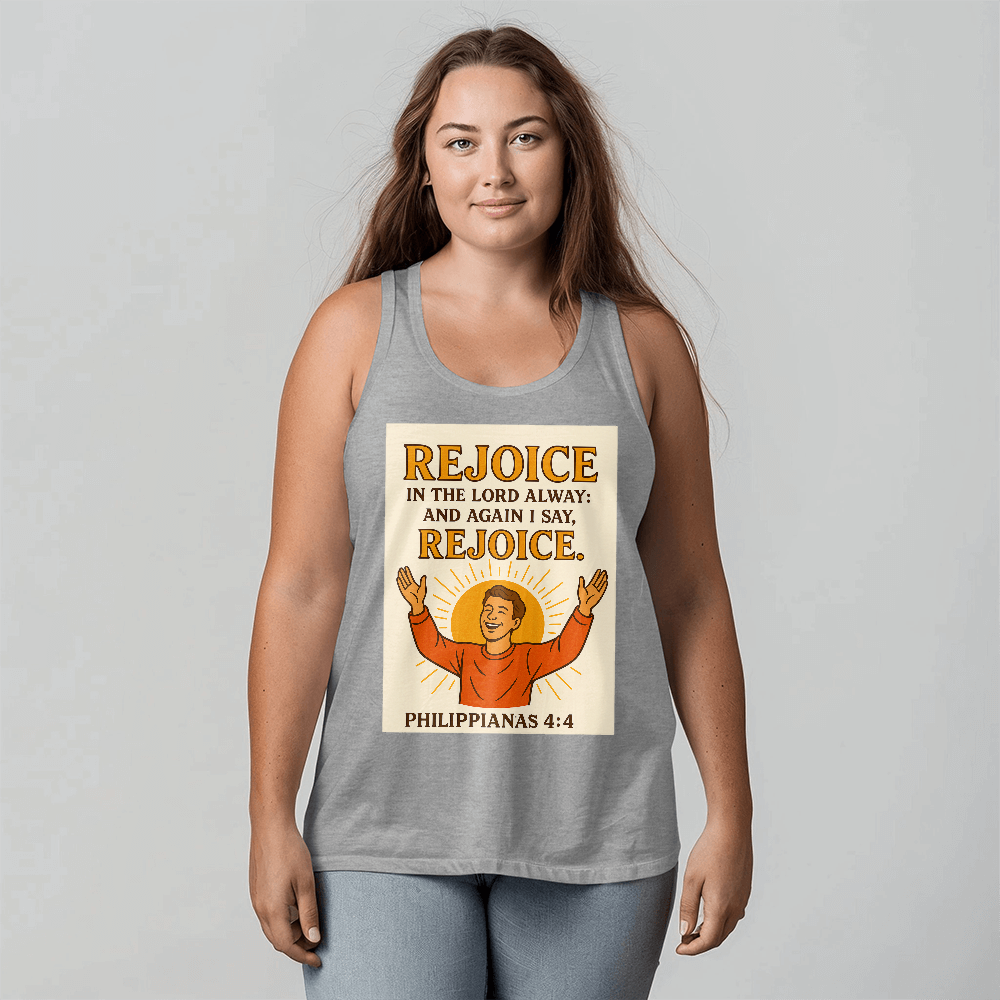 Faith-Based Summer Tank – Rejoice in the Lord – Bible Verse Spiritual Shirt