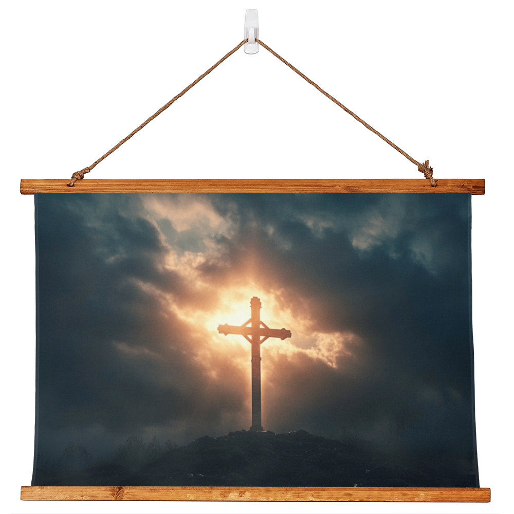 Divine Dawn Hanging Canvas – Rustic Wooden Frame, Glorious Cross at Sunrise, Illuminate Your Space