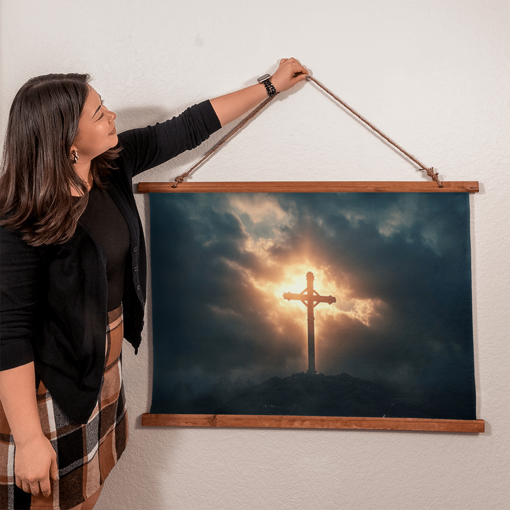 Divine Dawn Hanging Canvas – Rustic Wooden Frame, Glorious Cross at Sunrise, Illuminate Your Space