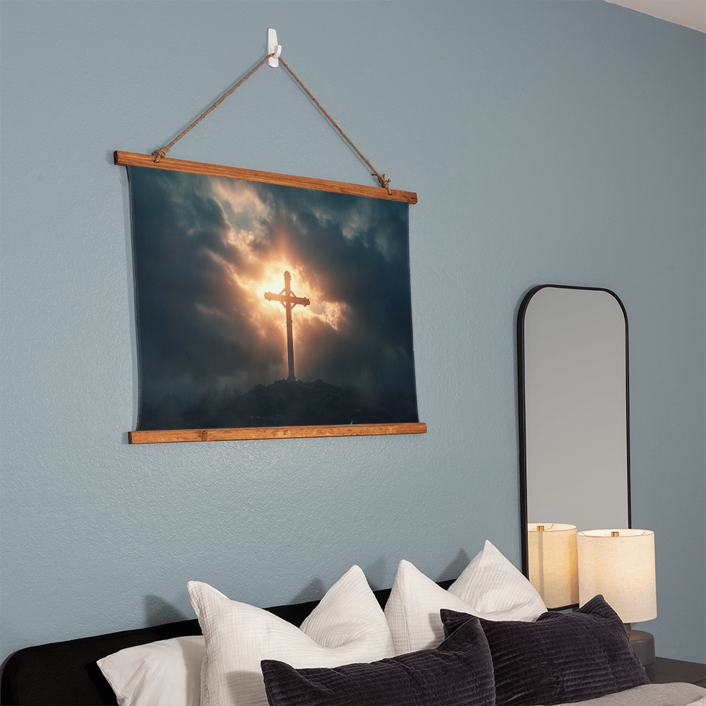 Divine Dawn Hanging Canvas – Rustic Wooden Frame, Glorious Cross at Sunrise, Illuminate Your Space