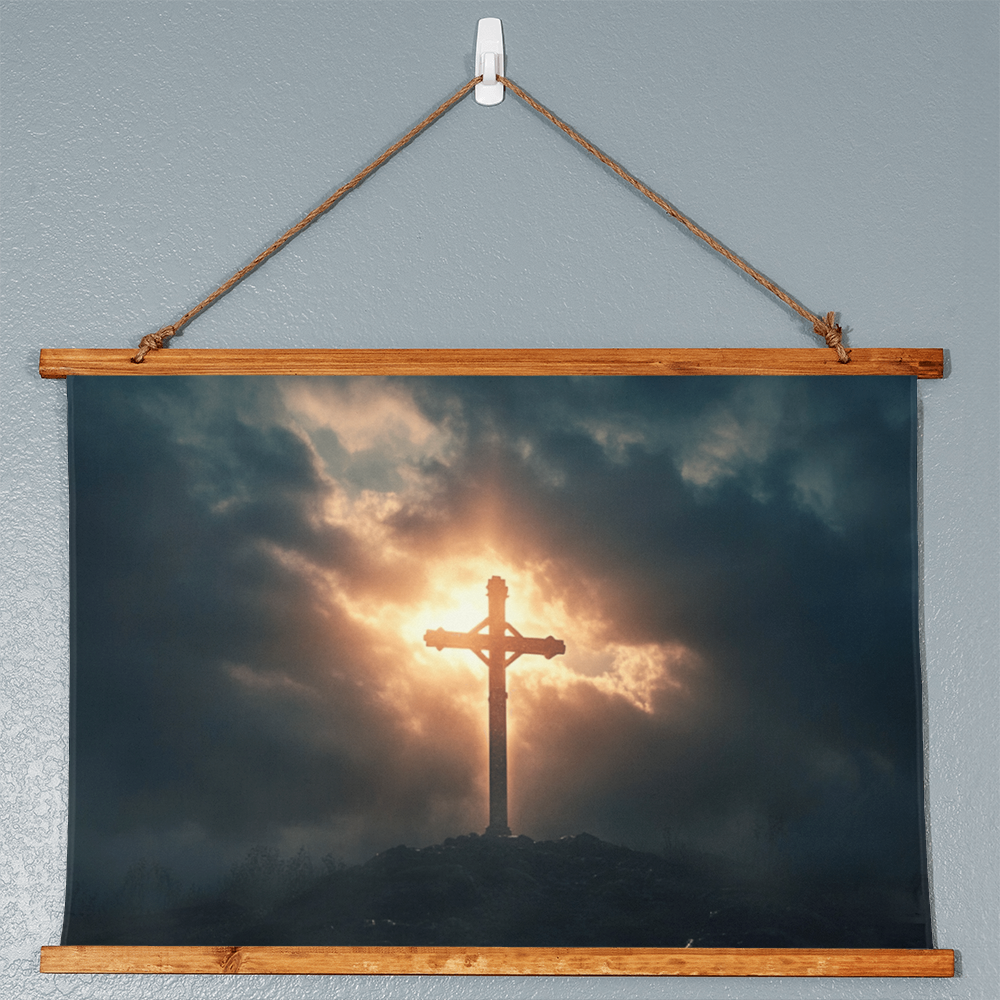 Divine Dawn Hanging Canvas – Rustic Wooden Frame, Glorious Cross at Sunrise, Illuminate Your Space