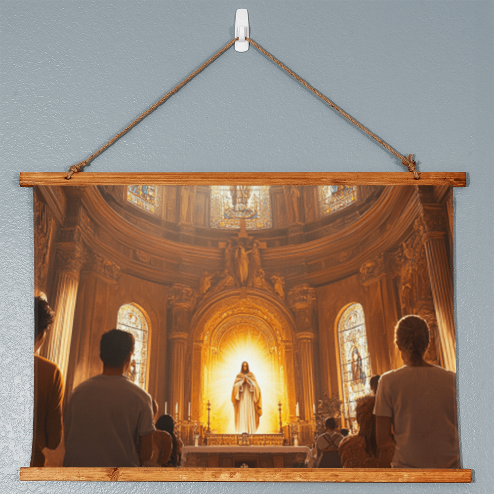 Sacred Devotion Hanging Canvas – Vintage Wooden Frame, Majestic Church Altar, Embrace Divine Presence