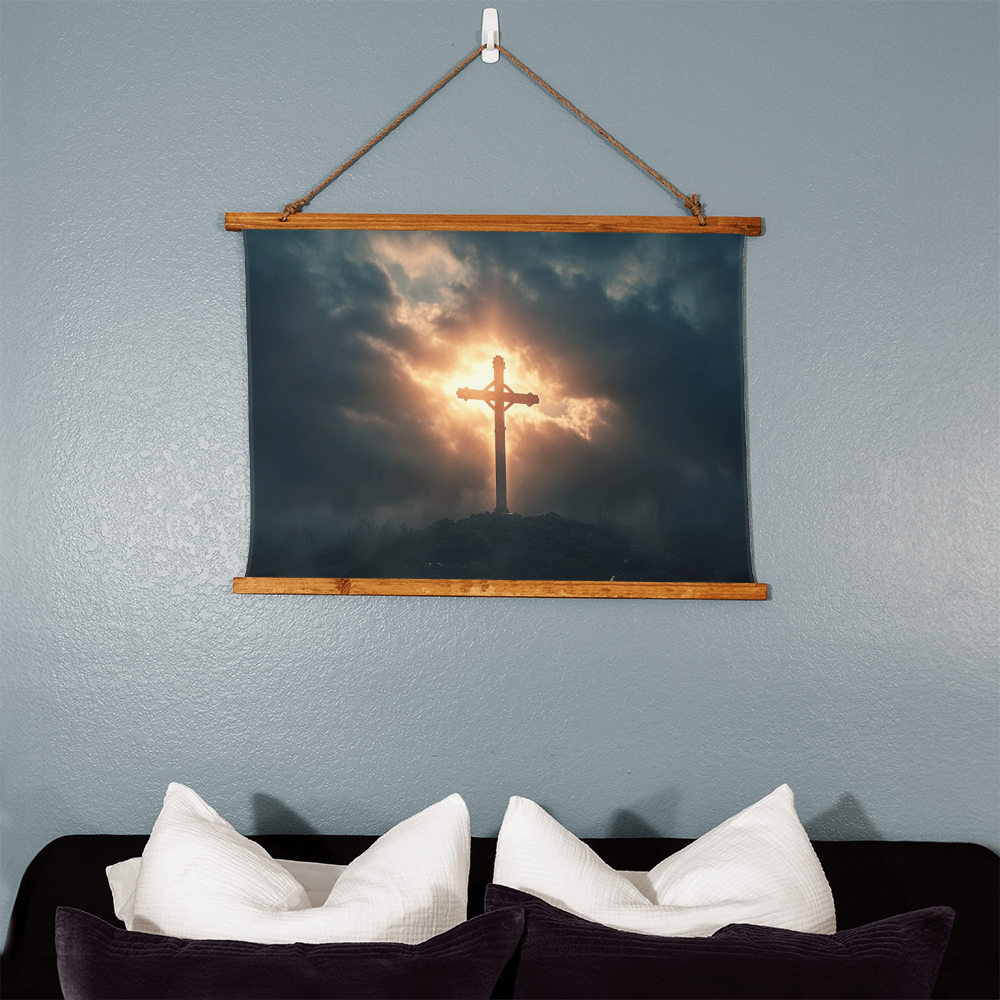 Divine Dawn Hanging Canvas – Rustic Wooden Frame, Glorious Cross at Sunrise, Illuminate Your Space