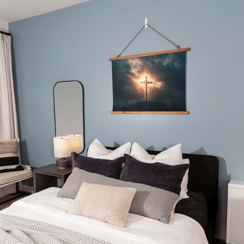 Divine Dawn Hanging Canvas – Rustic Wooden Frame, Glorious Cross at Sunrise, Illuminate Your Space