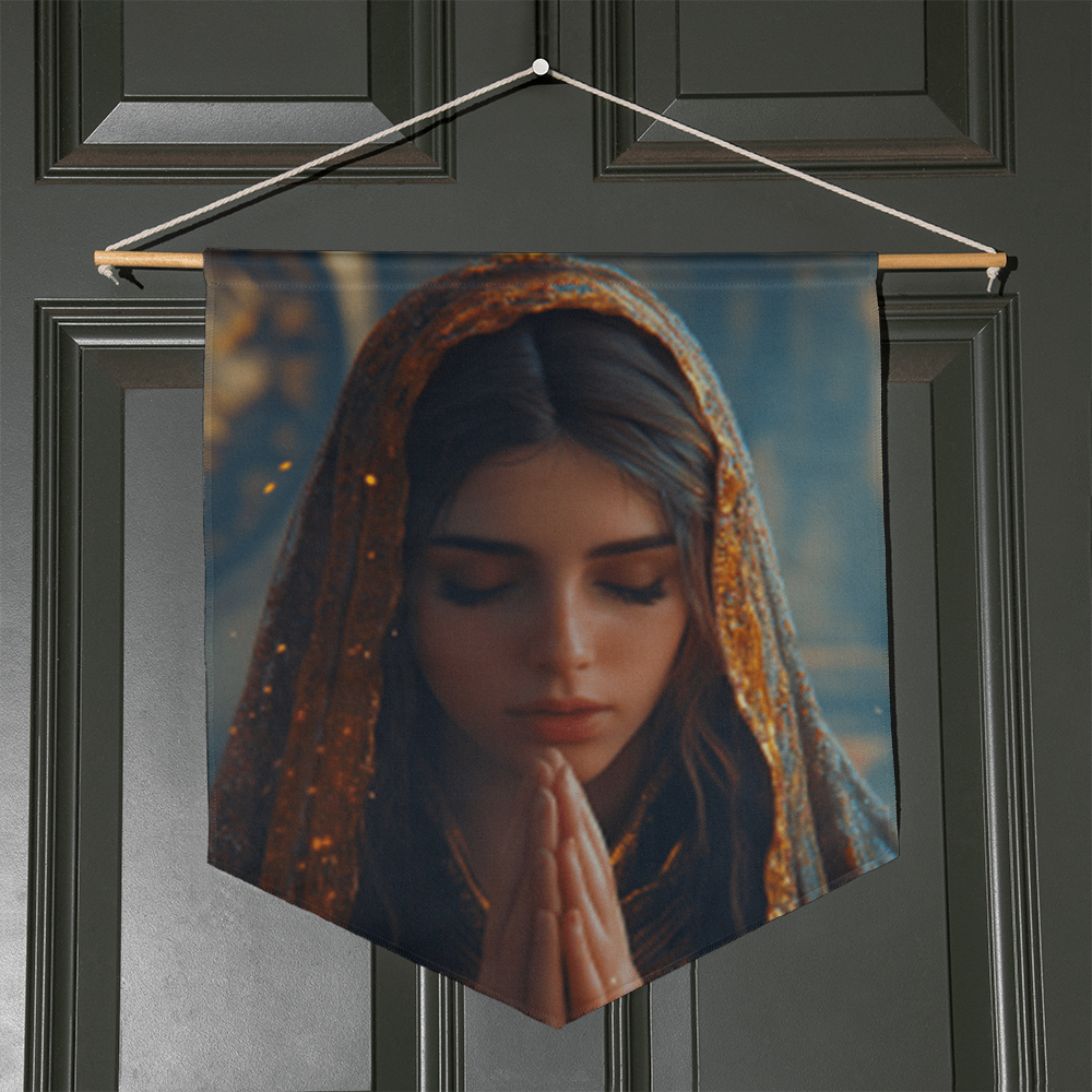 Graceful Prayer Wall Banner – Elegant Fabric, Devout Maiden in Reflection, A Symbol of Faith