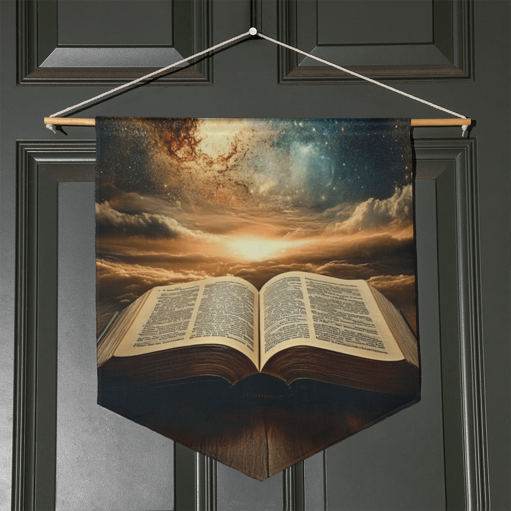 Divine Scripture Wall Banner – Celestial Illumination, Open Bible, Path to Wisdom