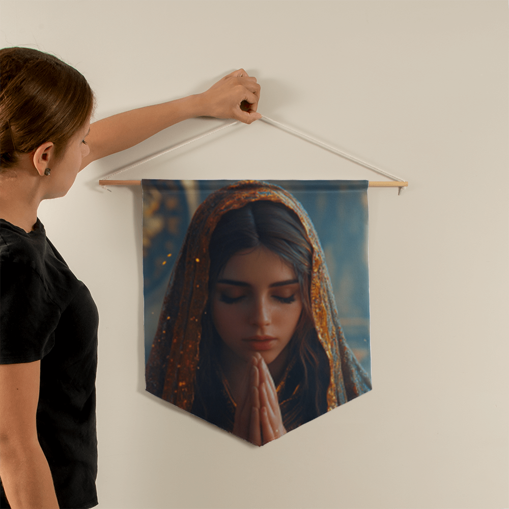 Graceful Prayer Wall Banner – Elegant Fabric, Devout Maiden in Reflection, A Symbol of Faith