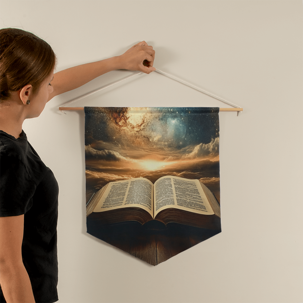 Divine Scripture Wall Banner – Celestial Illumination, Open Bible, Path to Wisdom