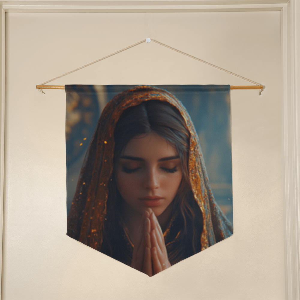 Graceful Prayer Wall Banner – Elegant Fabric, Devout Maiden in Reflection, A Symbol of Faith