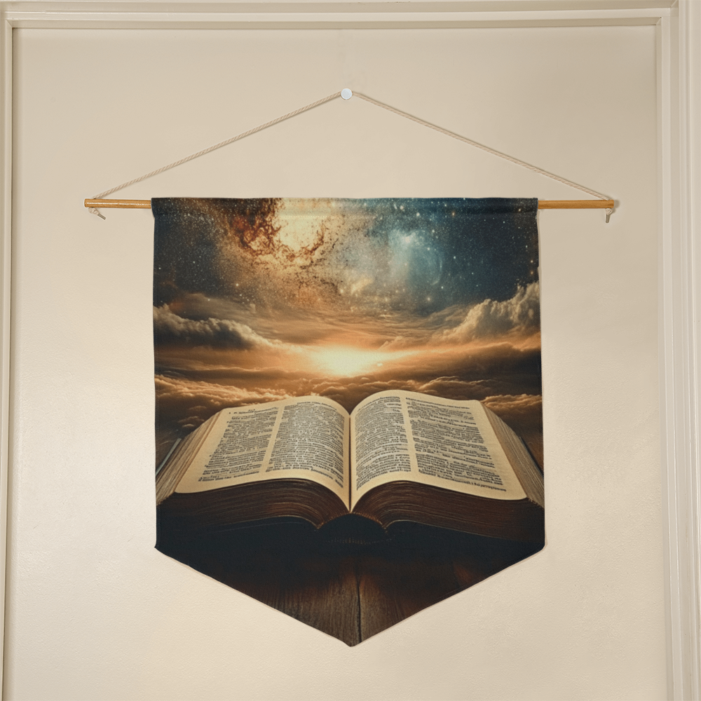 Divine Scripture Wall Banner – Celestial Illumination, Open Bible, Path to Wisdom