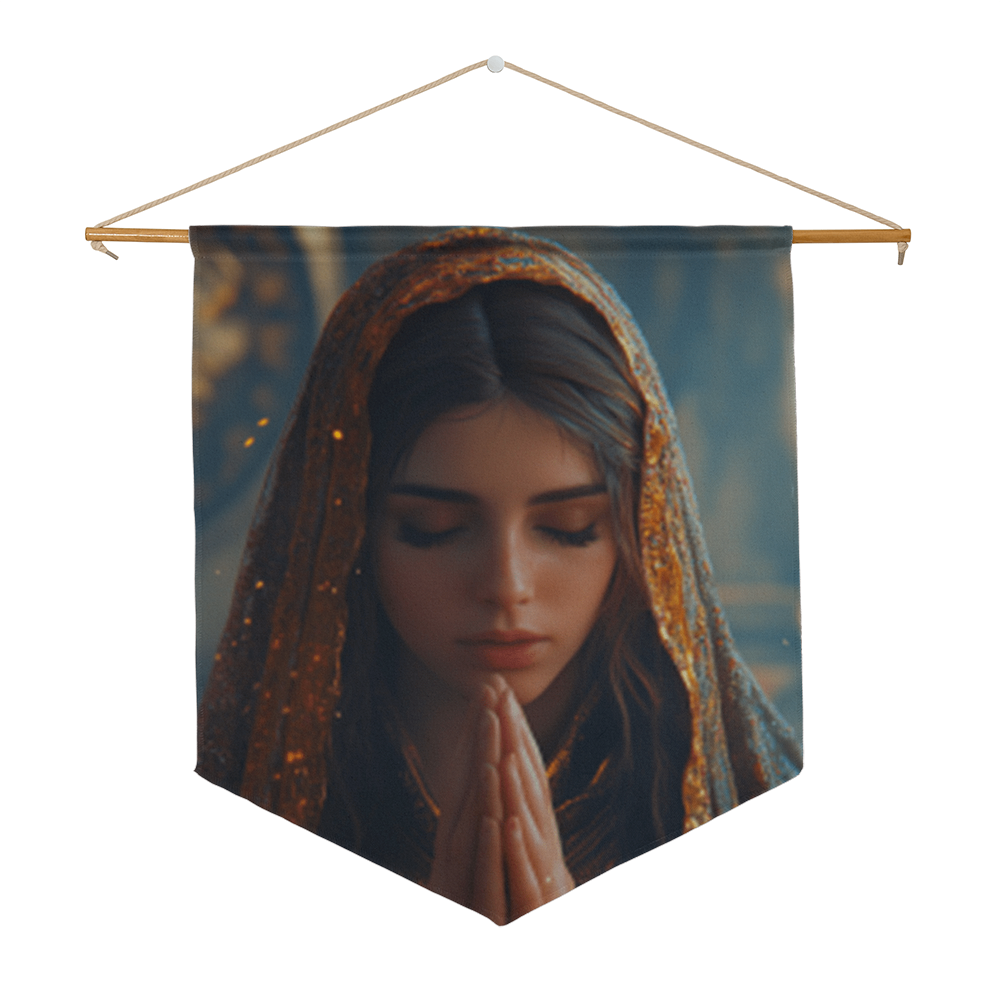 Graceful Prayer Wall Banner – Elegant Fabric, Devout Maiden in Reflection, A Symbol of Faith