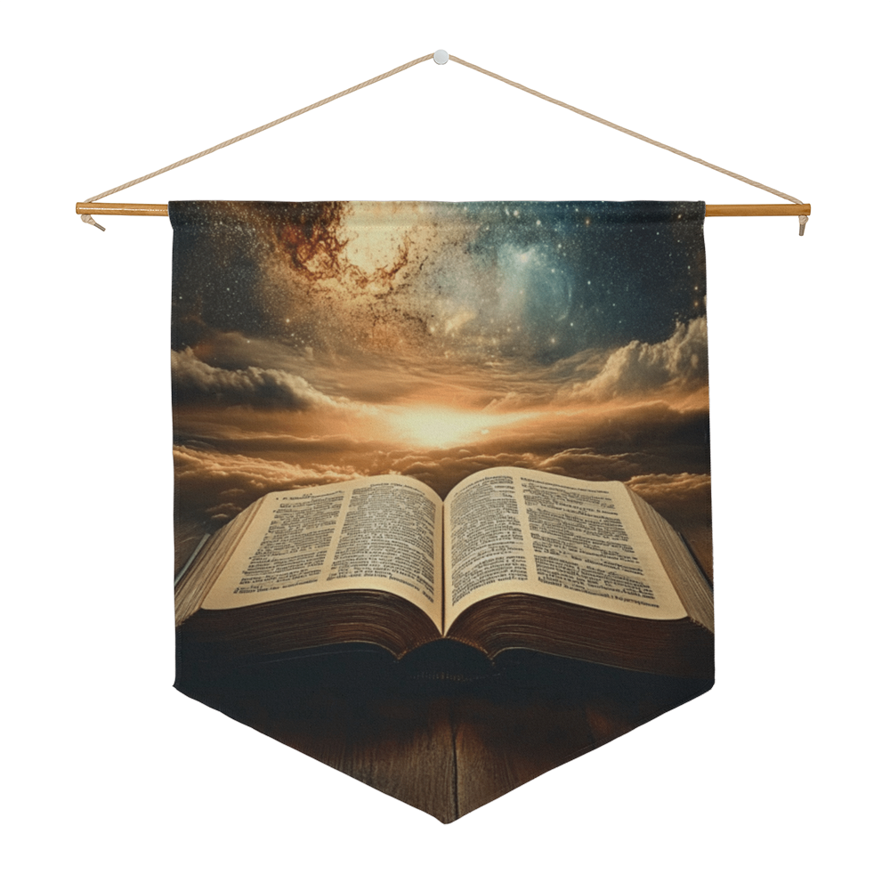 Divine Scripture Wall Banner – Celestial Illumination, Open Bible, Path to Wisdom