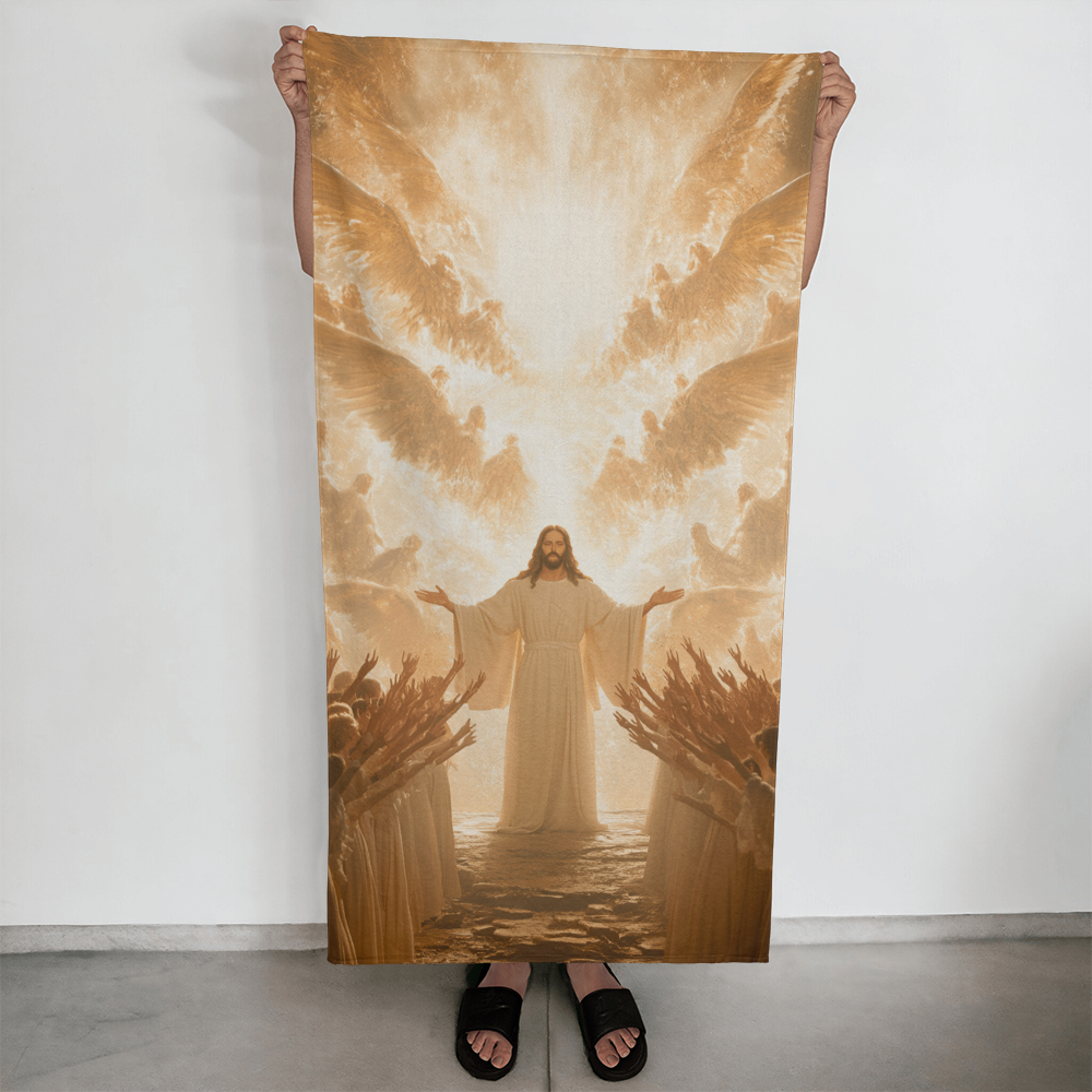 Jesus' Return Beach Towel – Luxurious Softness with Angels and People Welcoming Jesus