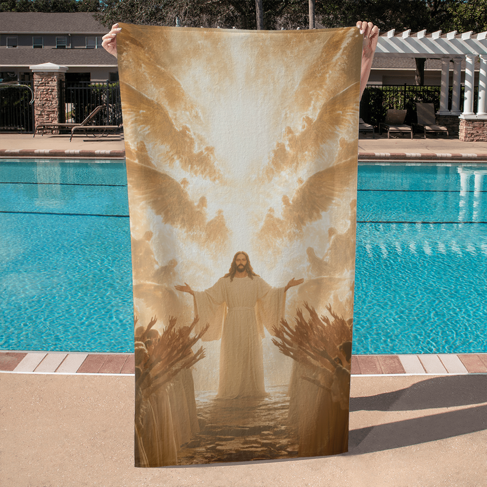 Jesus' Return Beach Towel – Luxurious Softness with Angels and People Welcoming Jesus