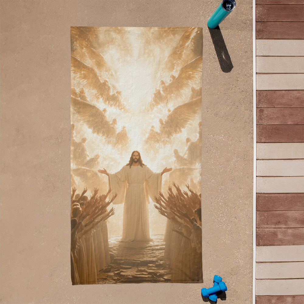 Jesus' Return Beach Towel – Luxurious Softness with Angels and People Welcoming Jesus