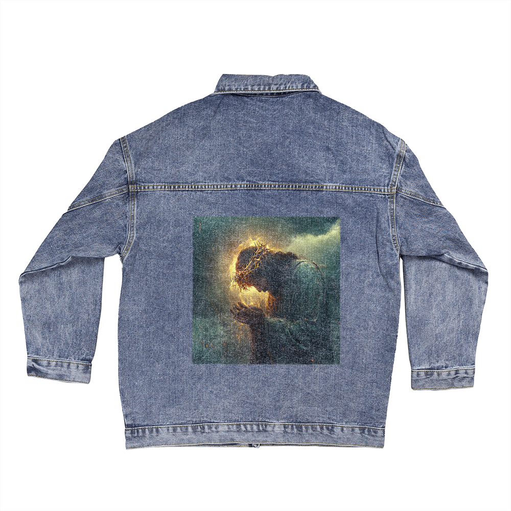 Jesus' Thorn Crown Prayer Denim Jacket – A Symbol of Sacrifice, Bold Design, Ideal for Faithful Souls