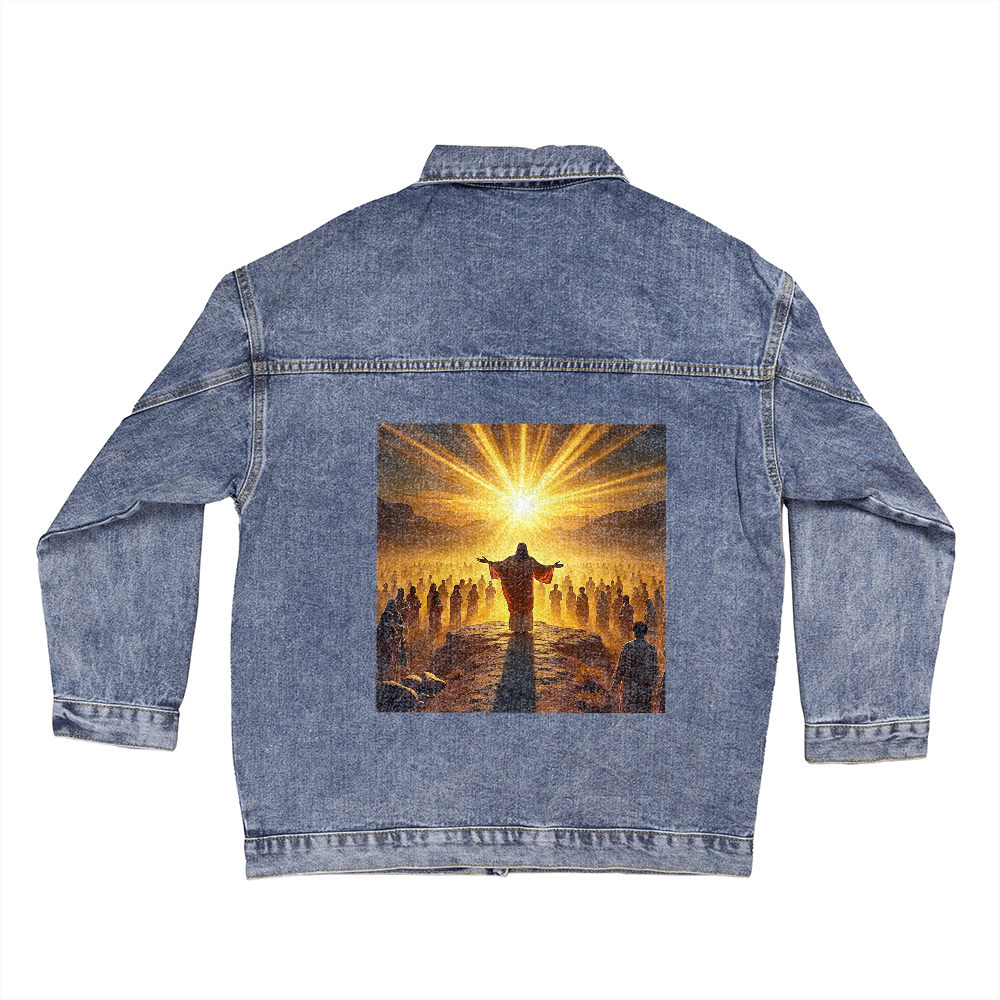 Dawn of Faith Denim Jacket – High-Quality Denim, Jesus Guiding at Sunrise, A Tribute to Divine Leadership.