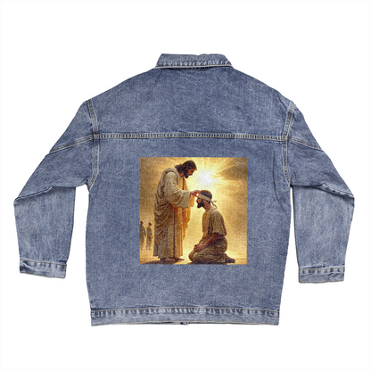 Miracle of Sight Denim Jacket – Premium Denim, Jesus' Healing, A Testament of Divine Love.