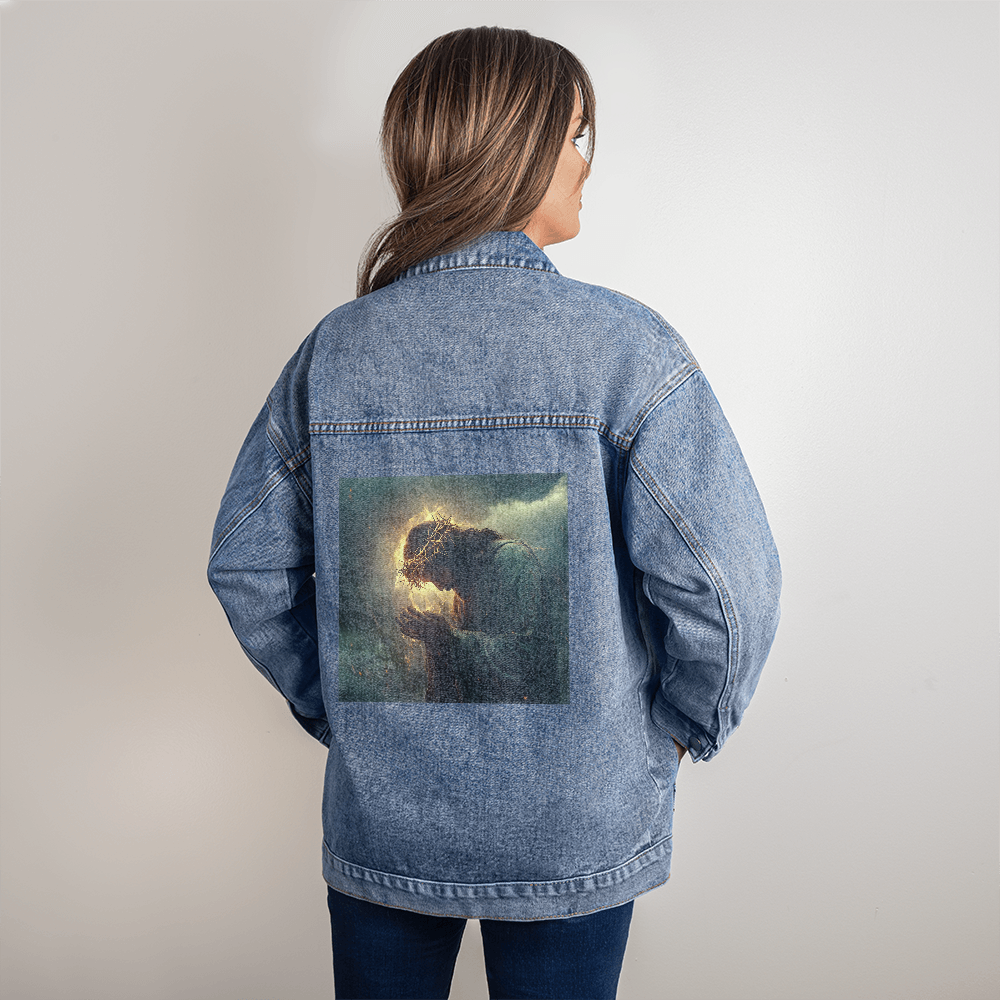 Jesus' Thorn Crown Prayer Denim Jacket – A Symbol of Sacrifice, Bold Design, Ideal for Faithful Souls