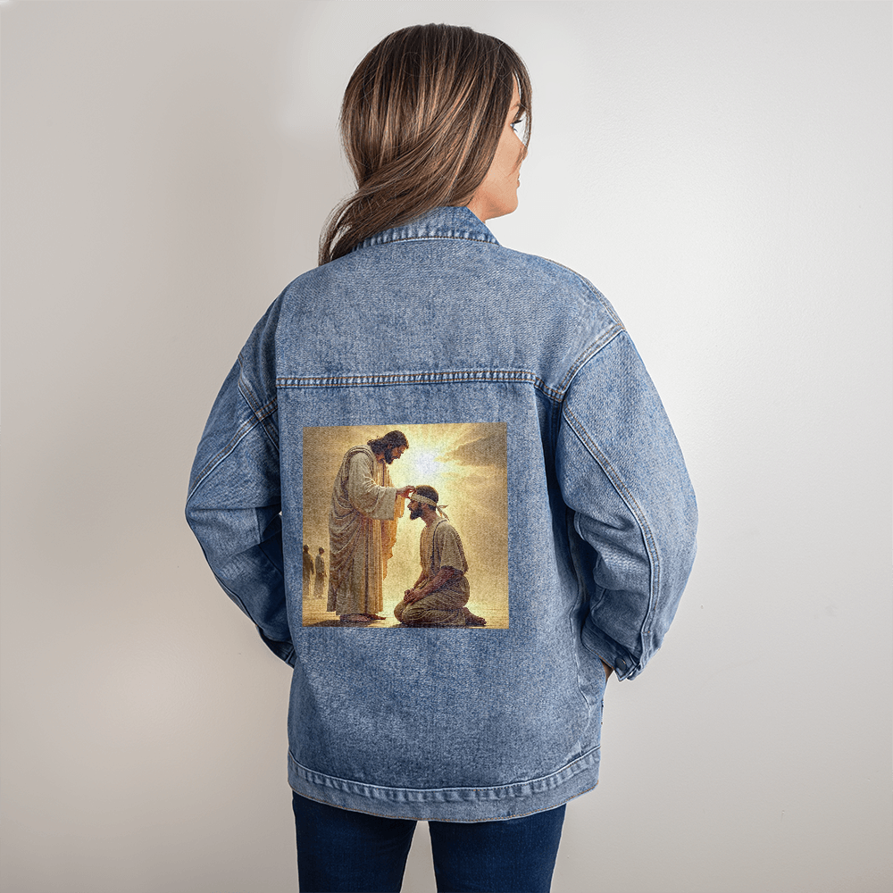 Miracle of Sight Denim Jacket – Premium Denim, Jesus' Healing, A Testament of Divine Love.