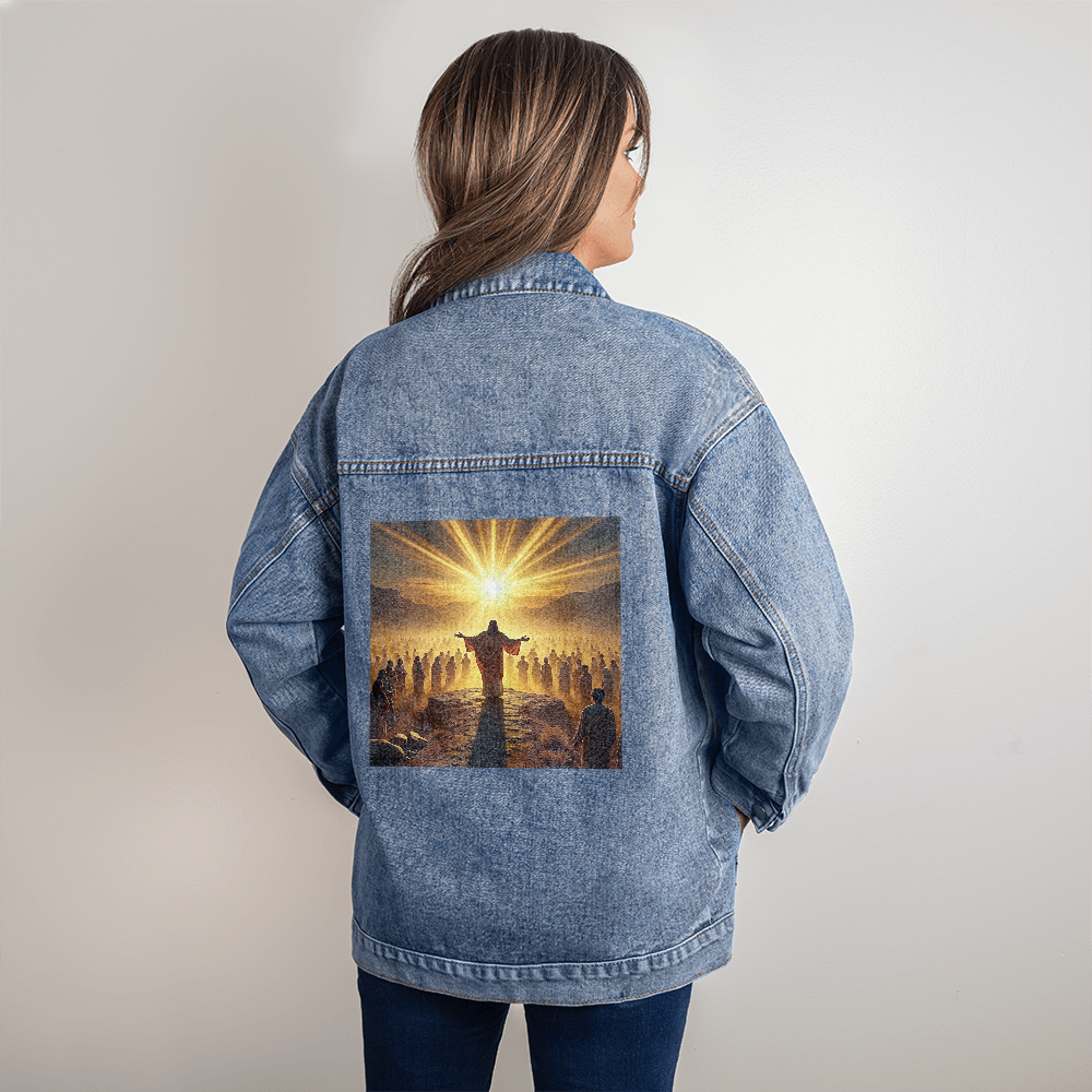 Dawn of Faith Denim Jacket – High-Quality Denim, Jesus Guiding at Sunrise, A Tribute to Divine Leadership.