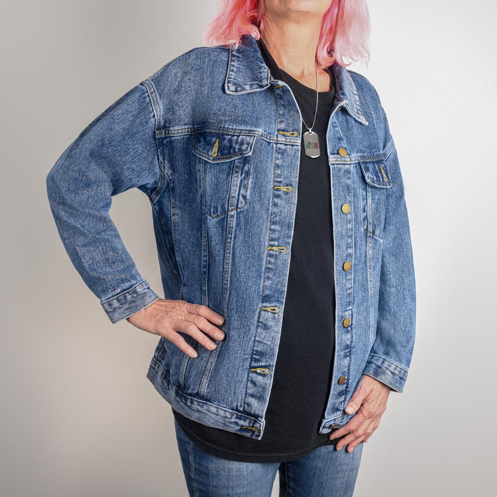 "Custom Oversized Women's DTG Denim Jacket: Bold, Stylish, and One-of-a-Kind"