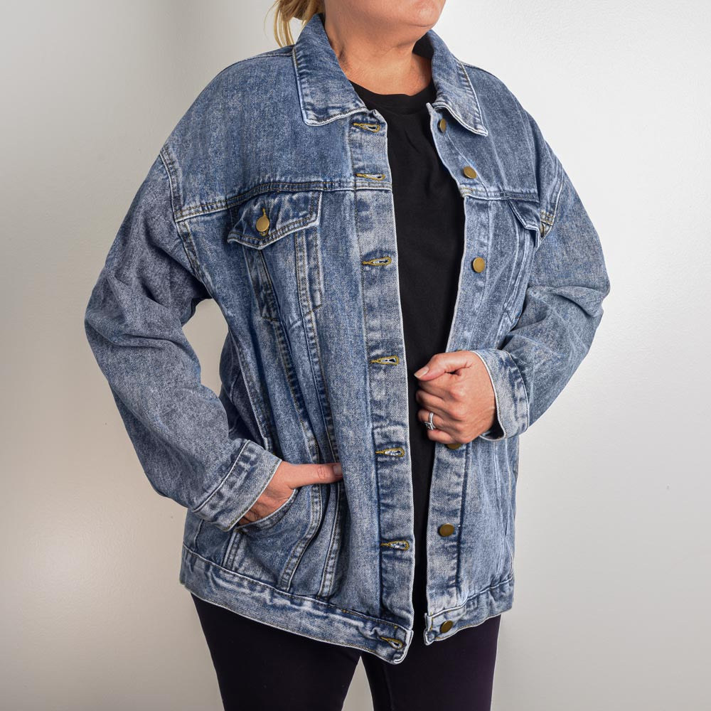 "Custom Oversized Women's DTG Denim Jacket: Bold, Stylish, and One-of-a-Kind"