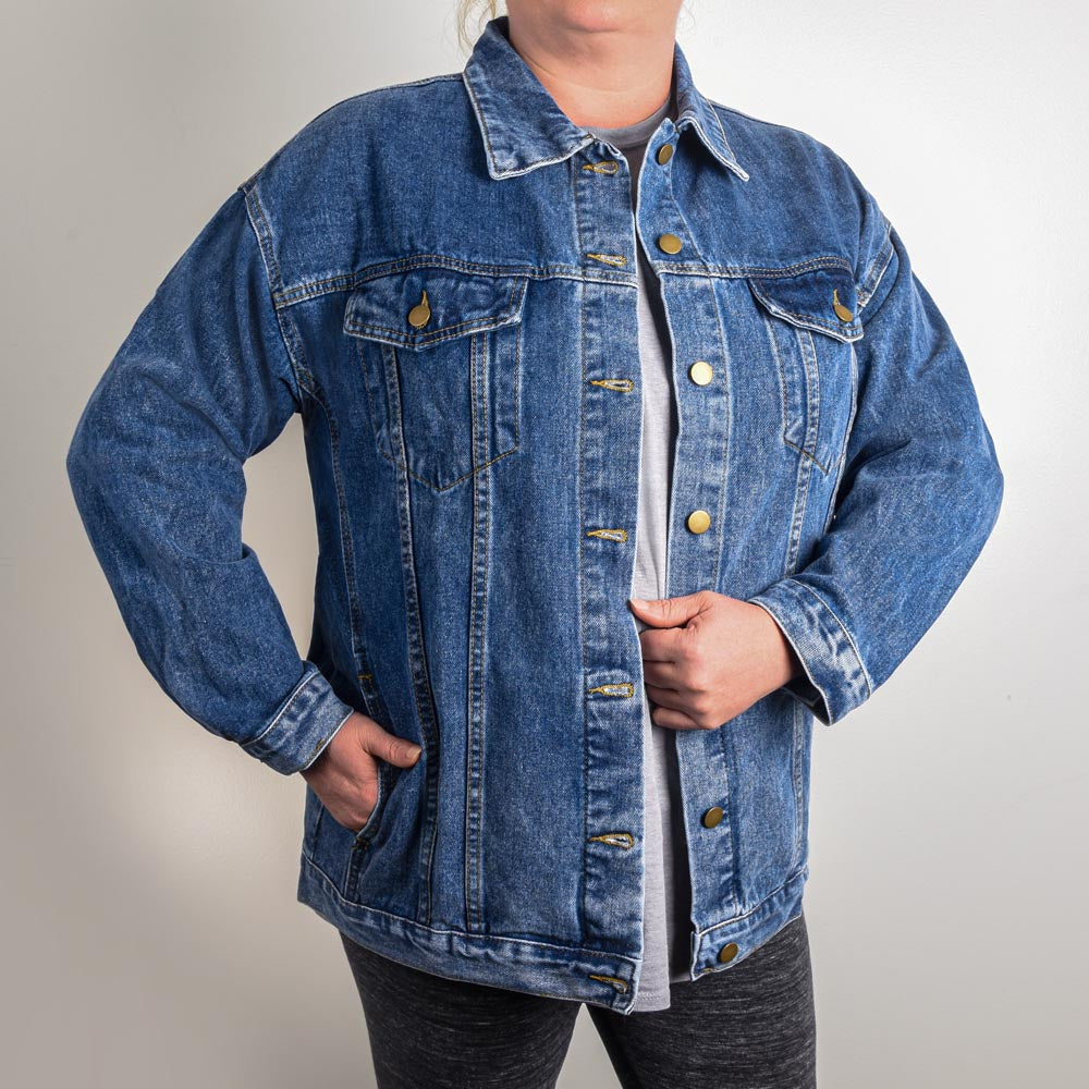 "Custom Oversized Women's DTG Denim Jacket: Bold, Stylish, and One-of-a-Kind"