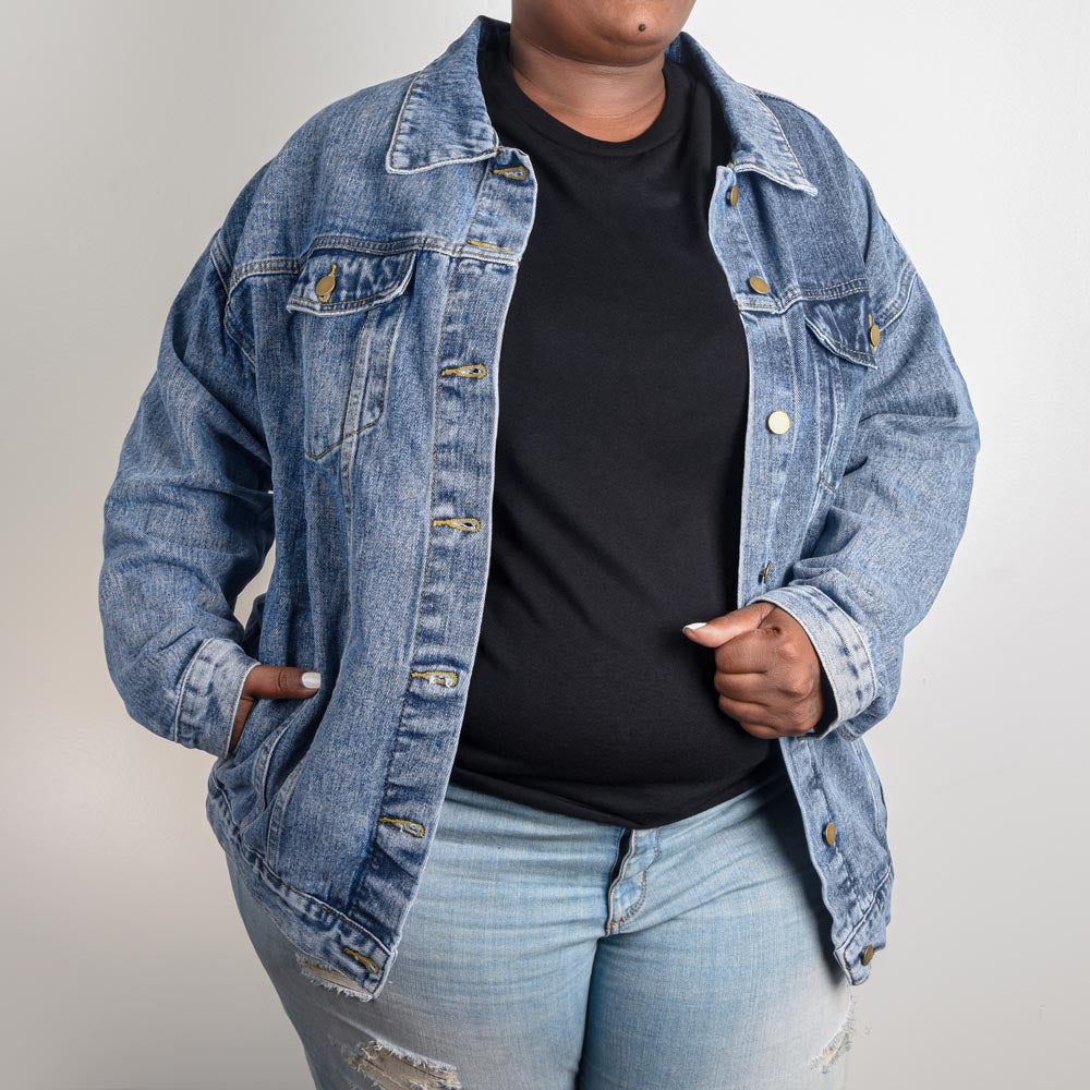 "Custom Oversized Women's DTG Denim Jacket: Bold, Stylish, and One-of-a-Kind"