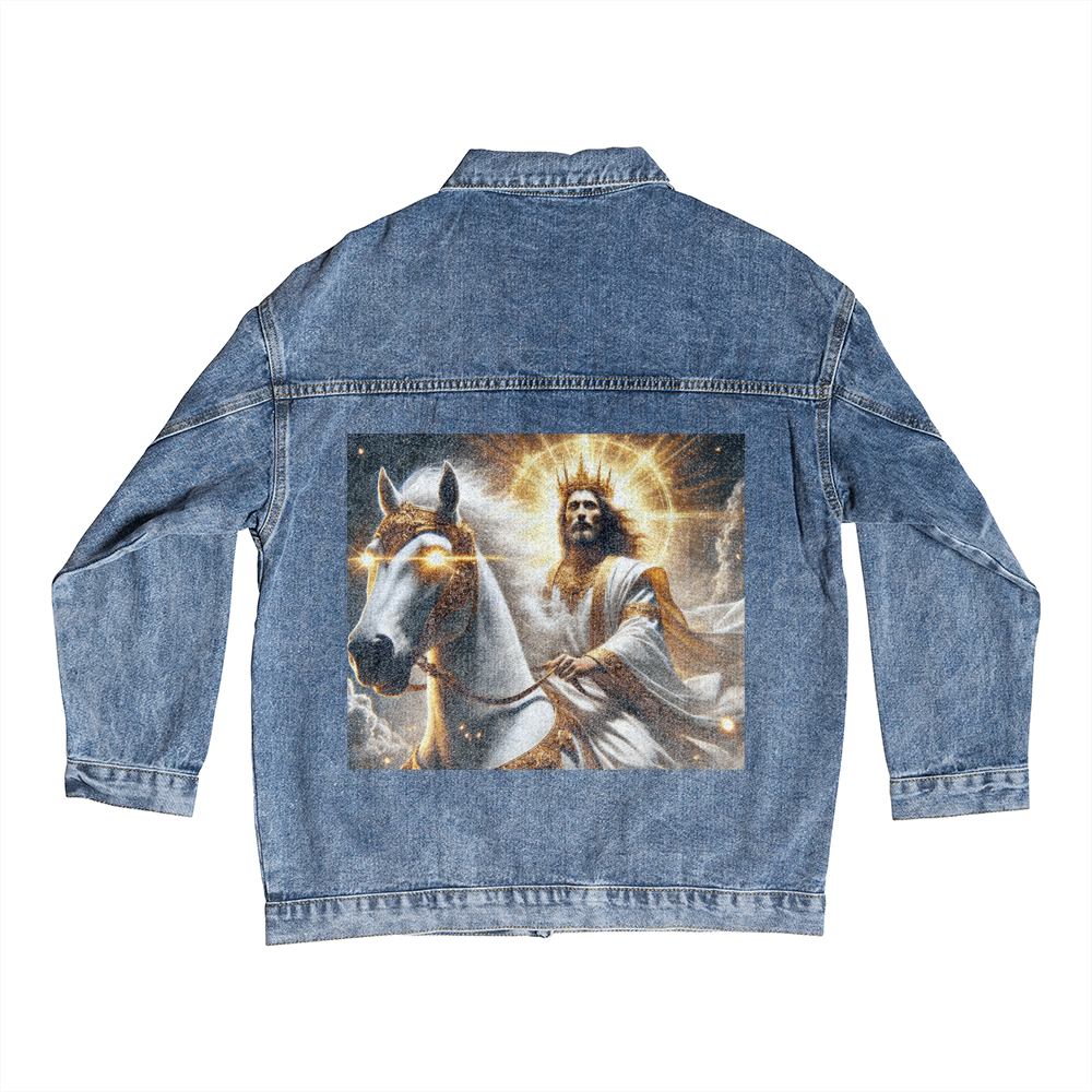 Heavenly Rider Denim Jacket – Jesus on His White Horse,  Soft, durable, and designed to inspire faith with every wear.