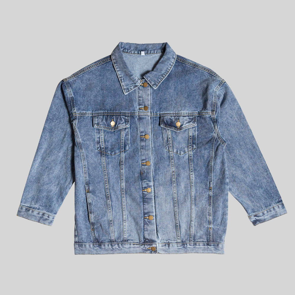 Mountain Majesty Denim Jacket – High-Quality Denim, Jesus Standing on the Mountain, Symbol of Strength and Faith.