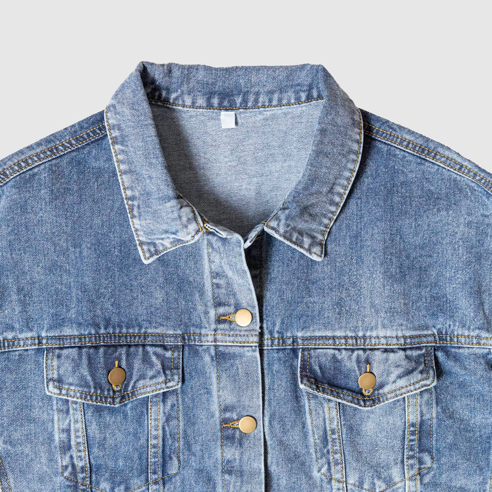 Mountain Majesty Denim Jacket – High-Quality Denim, Jesus Standing on the Mountain, Symbol of Strength and Faith.