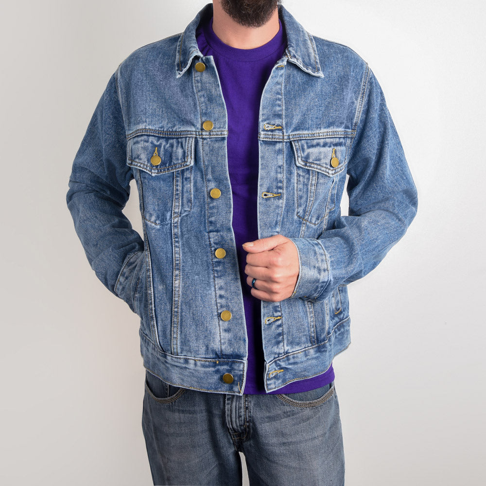 Mountain Majesty Denim Jacket – High-Quality Denim, Jesus Standing on the Mountain, Symbol of Strength and Faith.