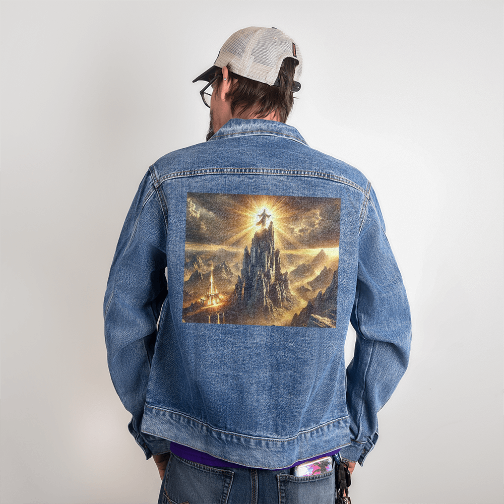 Mountain Majesty Denim Jacket – High-Quality Denim, Jesus Standing on the Mountain, Symbol of Strength and Faith.