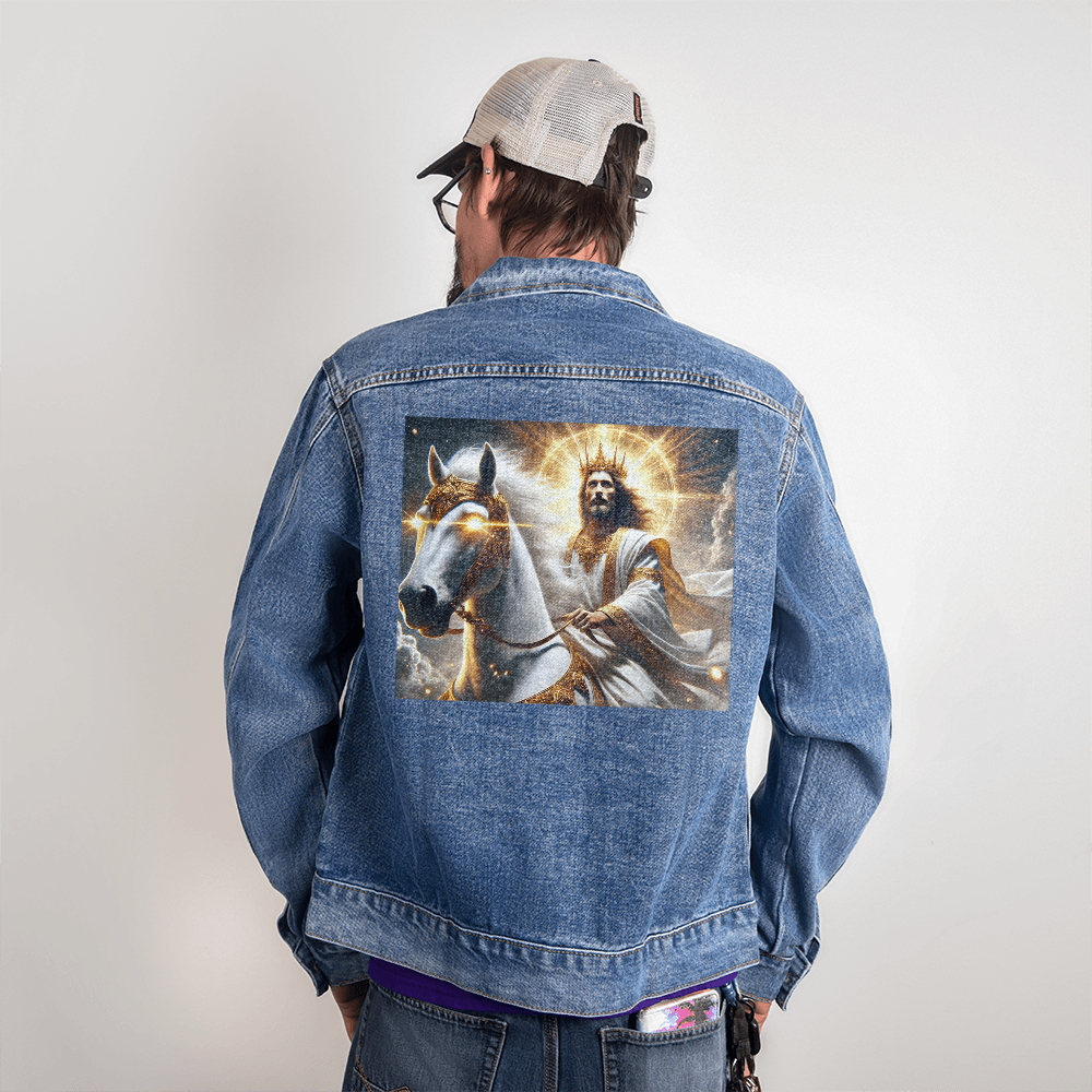 Heavenly Rider Denim Jacket – Jesus on His White Horse,  Soft, durable, and designed to inspire faith with every wear.