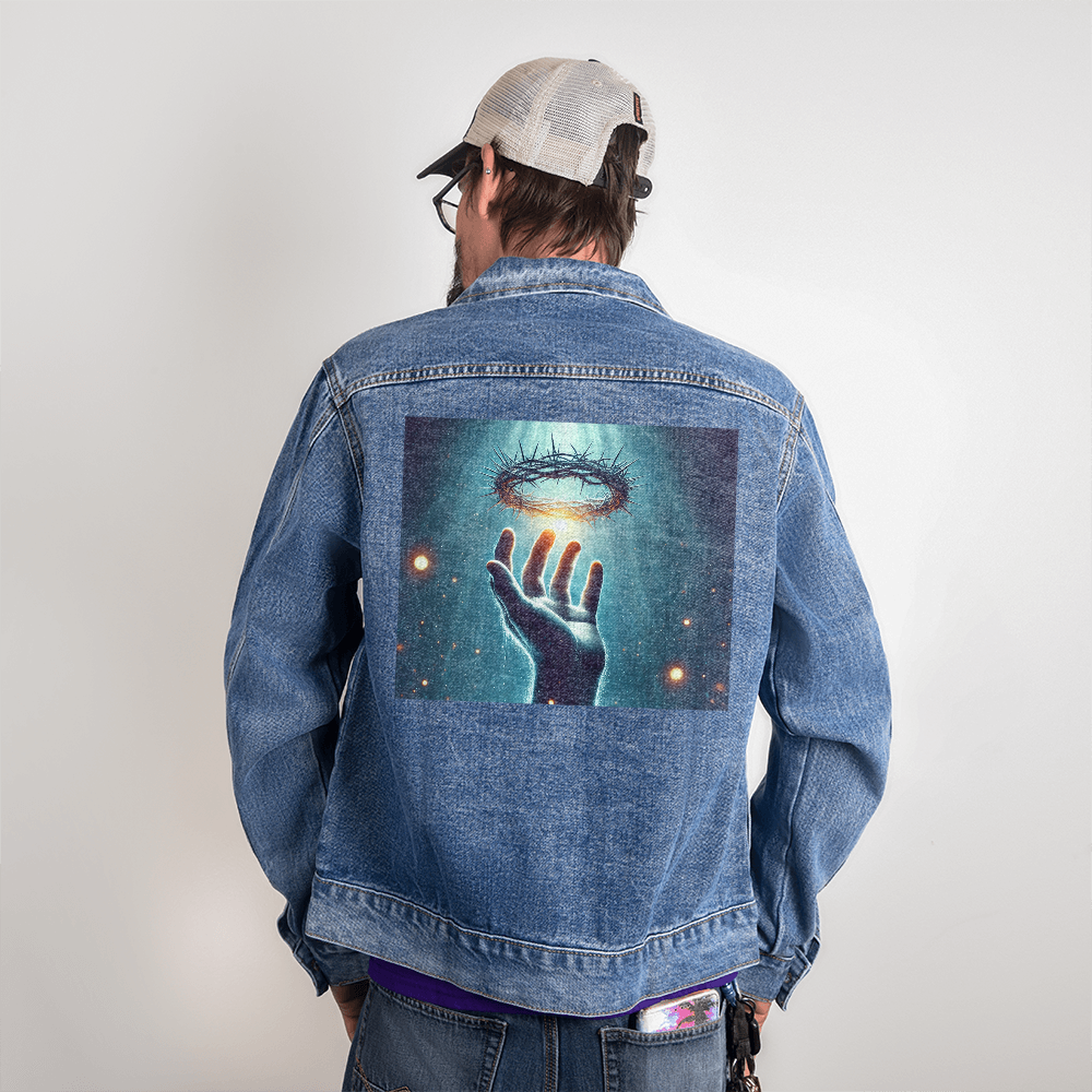 Crown of Sacrifice Denim Jacket – A Bold Symbol of Christ’s Love, Crafted for Comfort and Style