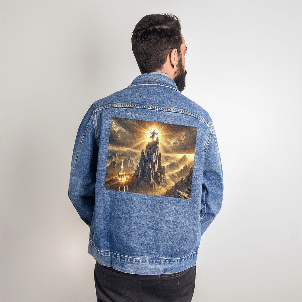 Mountain Majesty Denim Jacket – High-Quality Denim, Jesus Standing on the Mountain, Symbol of Strength and Faith.