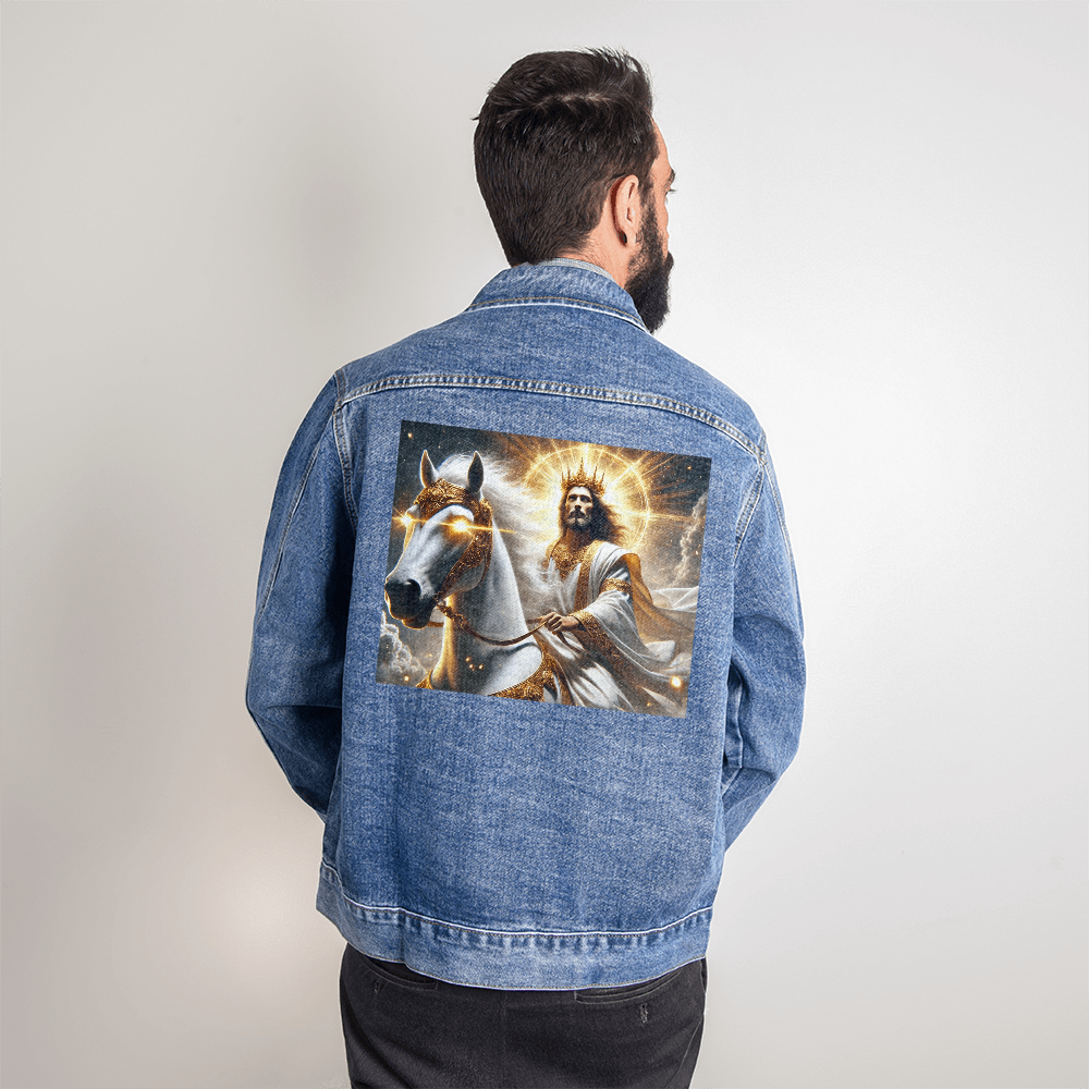 Heavenly Rider Denim Jacket – Jesus on His White Horse,  Soft, durable, and designed to inspire faith with every wear.