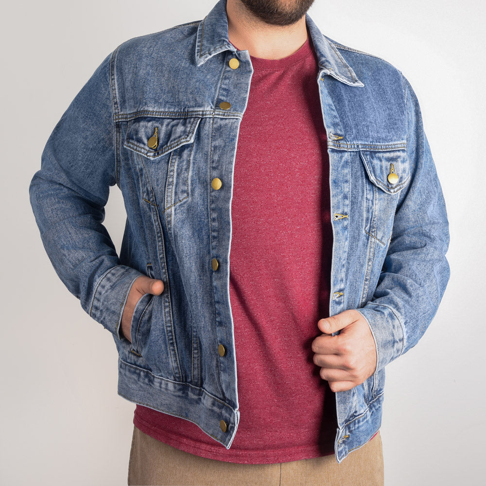 Mountain Majesty Denim Jacket – High-Quality Denim, Jesus Standing on the Mountain, Symbol of Strength and Faith.