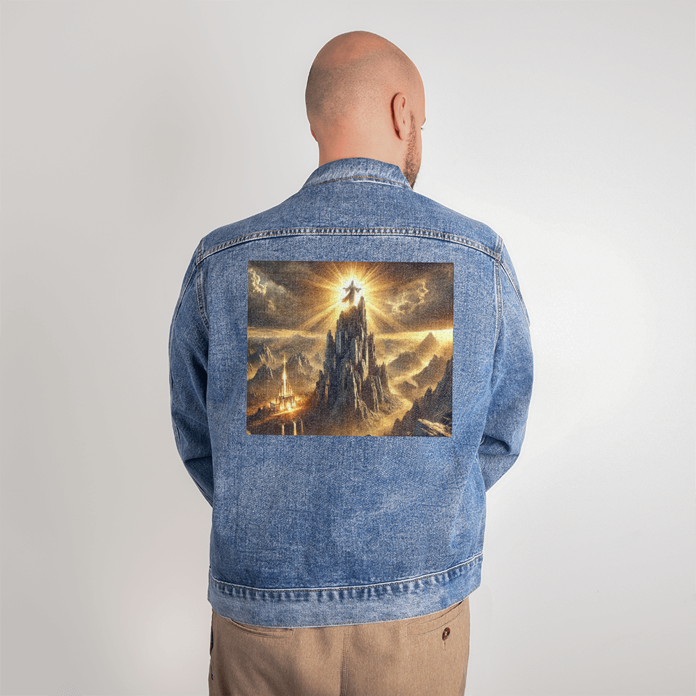 Mountain Majesty Denim Jacket – High-Quality Denim, Jesus Standing on the Mountain, Symbol of Strength and Faith.