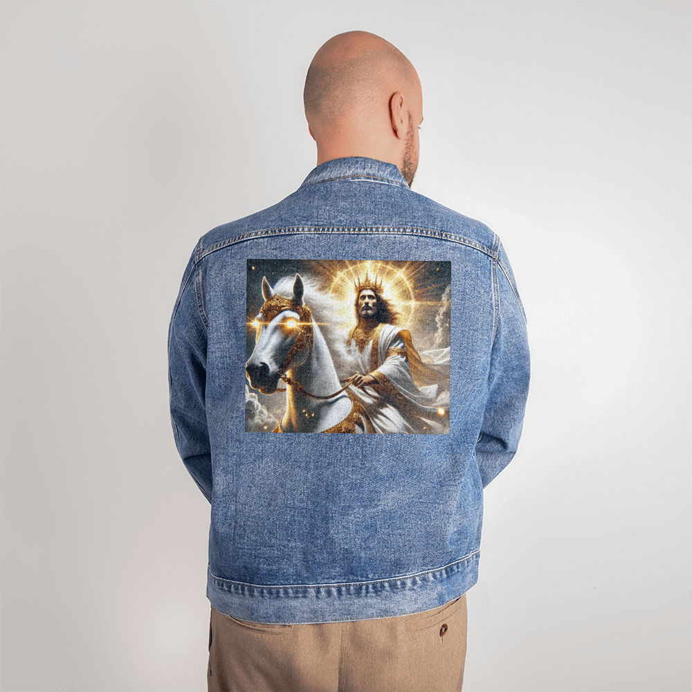 Heavenly Rider Denim Jacket – Jesus on His White Horse,  Soft, durable, and designed to inspire faith with every wear.