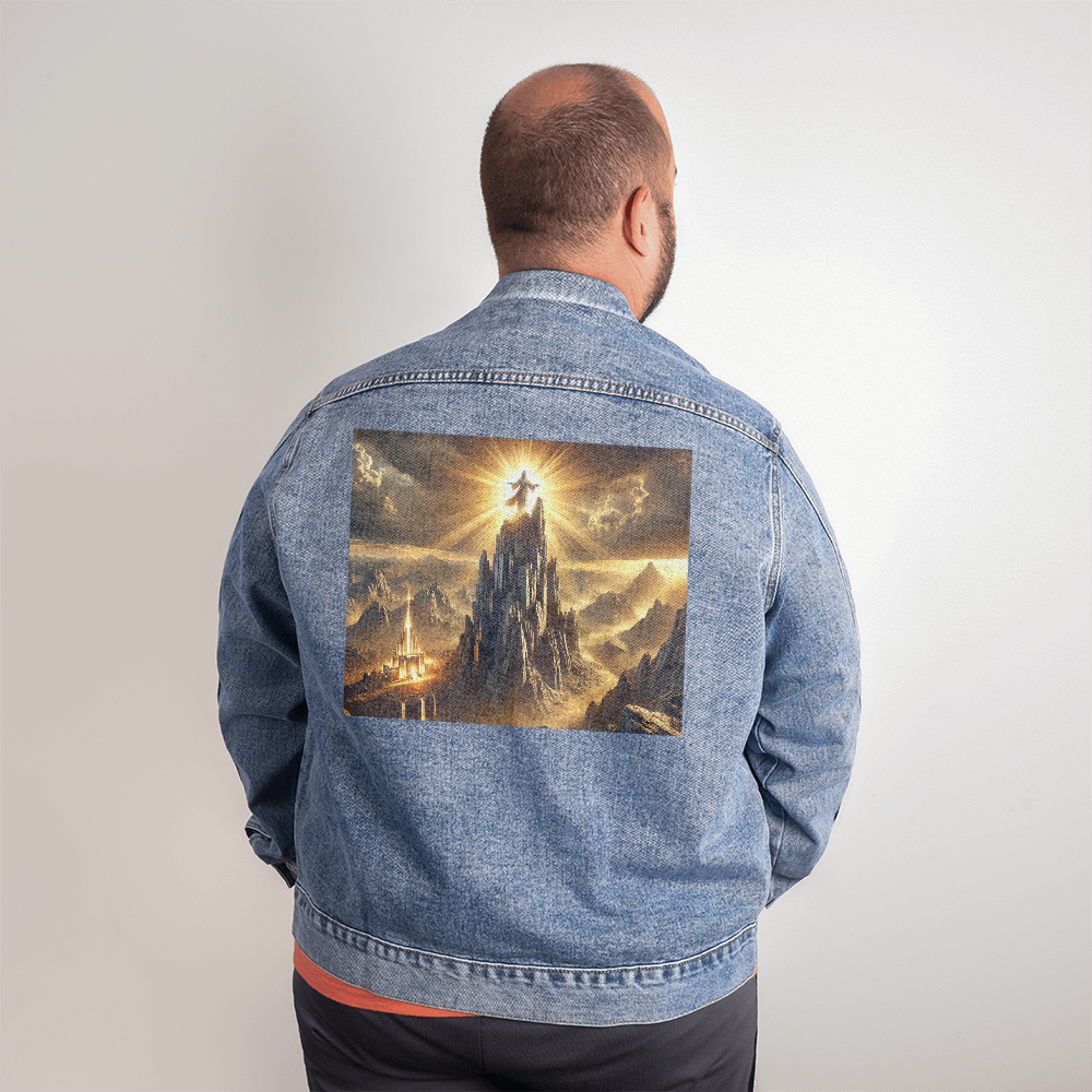 Mountain Majesty Denim Jacket – High-Quality Denim, Jesus Standing on the Mountain, Symbol of Strength and Faith.