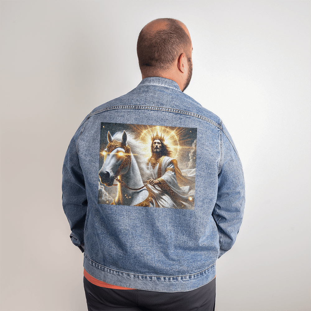 Heavenly Rider Denim Jacket – Jesus on His White Horse,  Soft, durable, and designed to inspire faith with every wear.