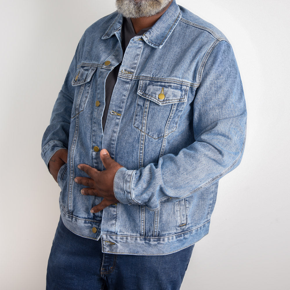 Mountain Majesty Denim Jacket – High-Quality Denim, Jesus Standing on the Mountain, Symbol of Strength and Faith.